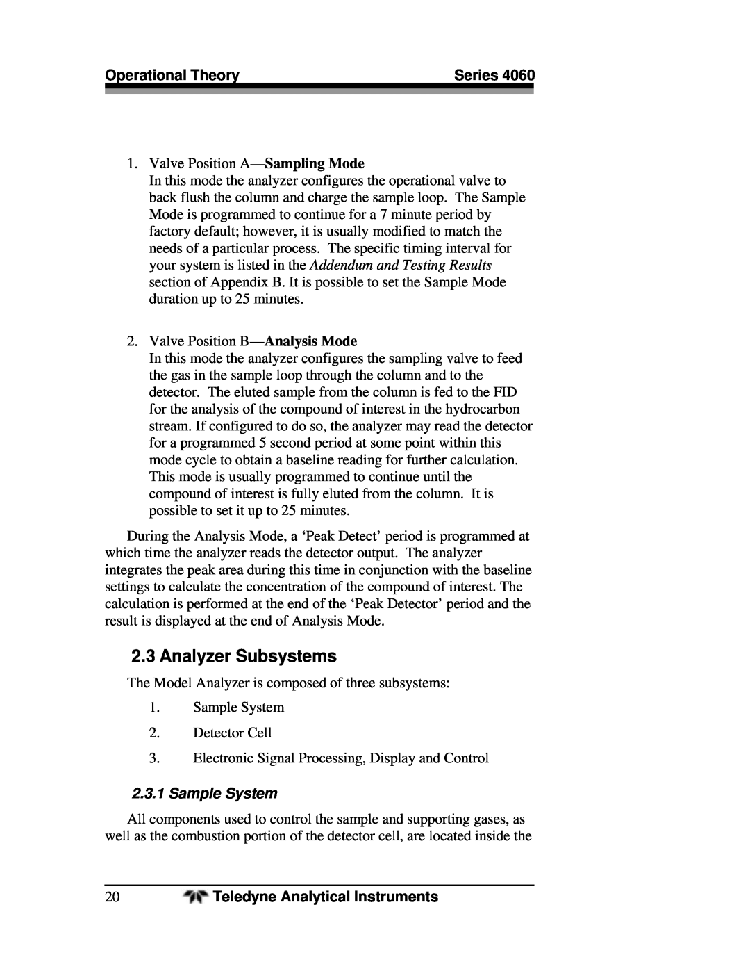 Teledyne 4060 manual Analyzer Subsystems, Sample System 