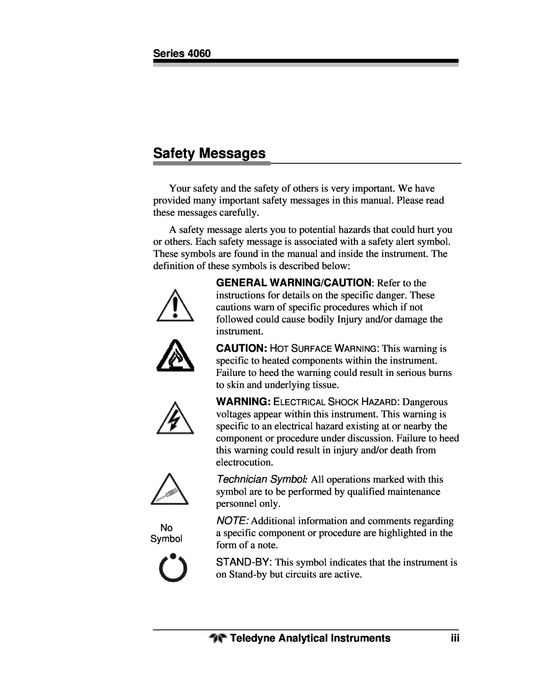 Teledyne 4060 manual Safety Messages, No Symbol 