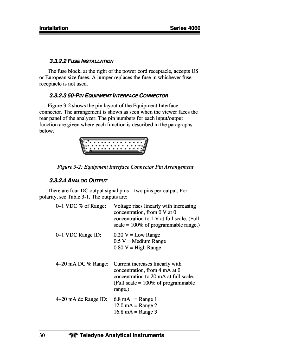 Teledyne 4060 manual 2 Equipment Interface Connector Pin Arrangement, VDC % of Range 