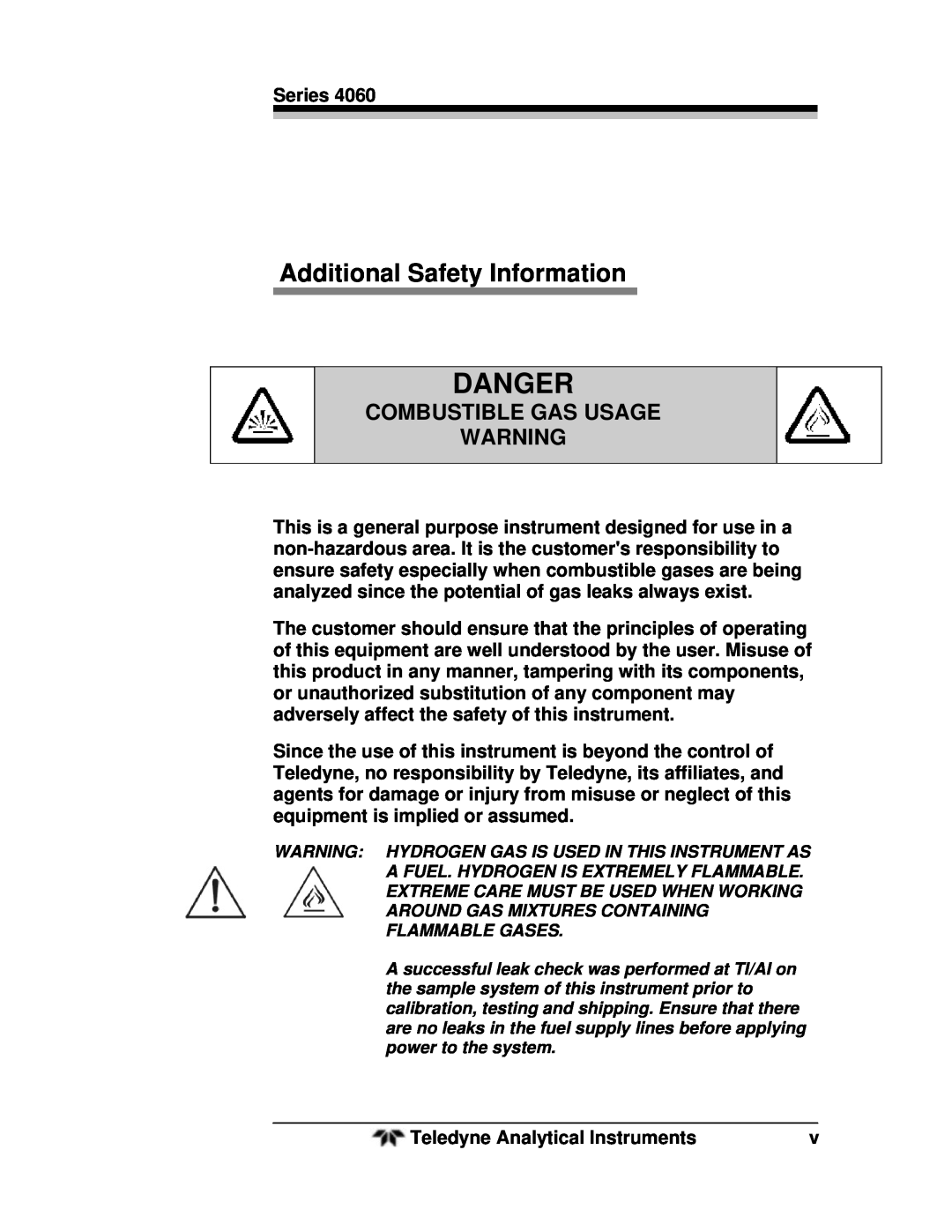 Teledyne 4060 manual Additional Safety Information, Combustible Gas Usage, Danger 