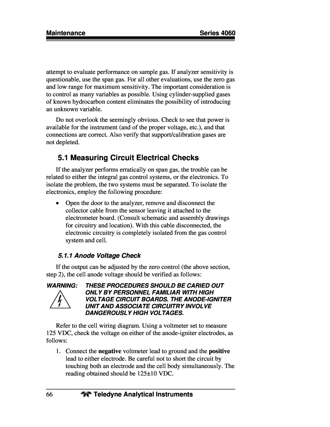 Teledyne 4060 manual Measuring Circuit Electrical Checks, Anode Voltage Check 