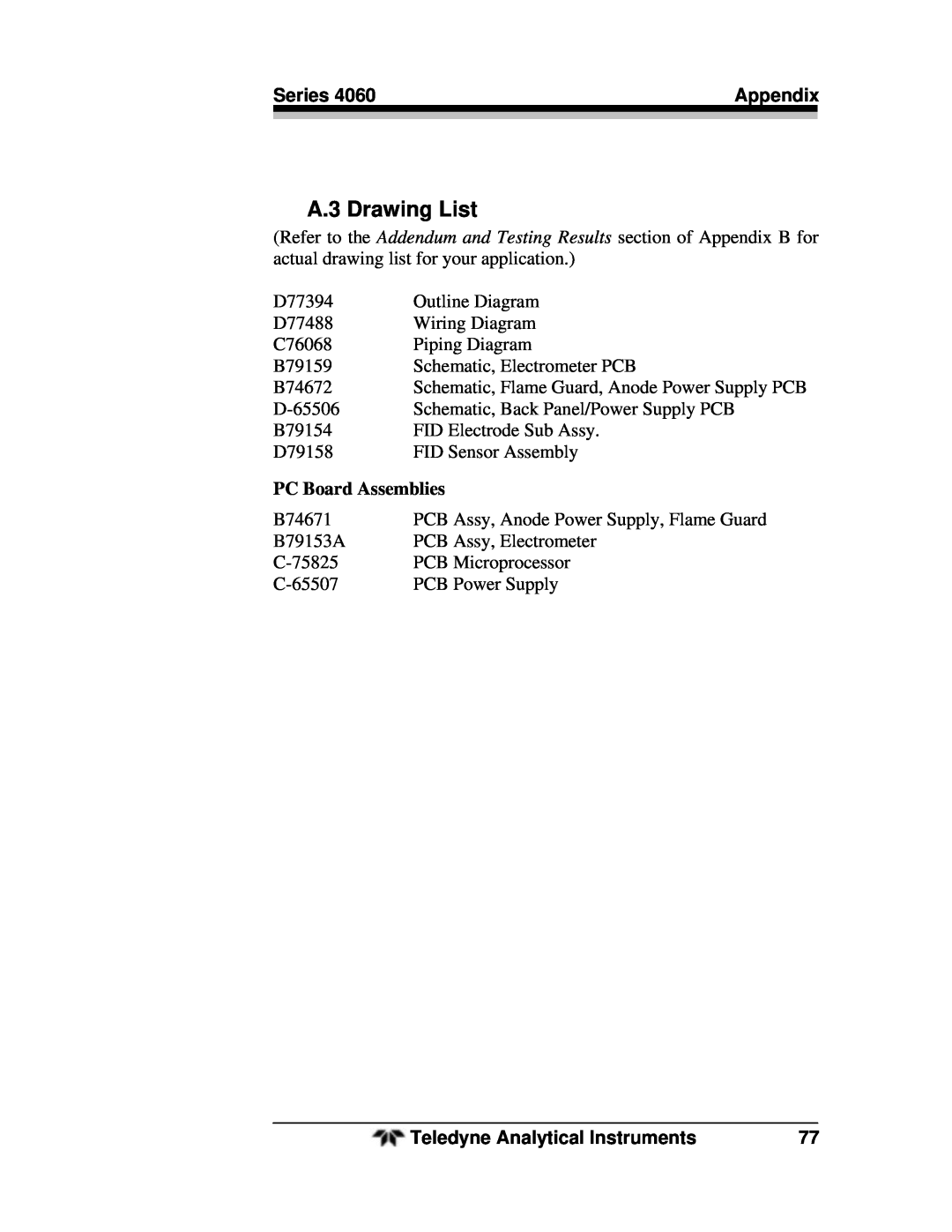 Teledyne 4060 manual A.3 Drawing List, PC Board Assemblies 