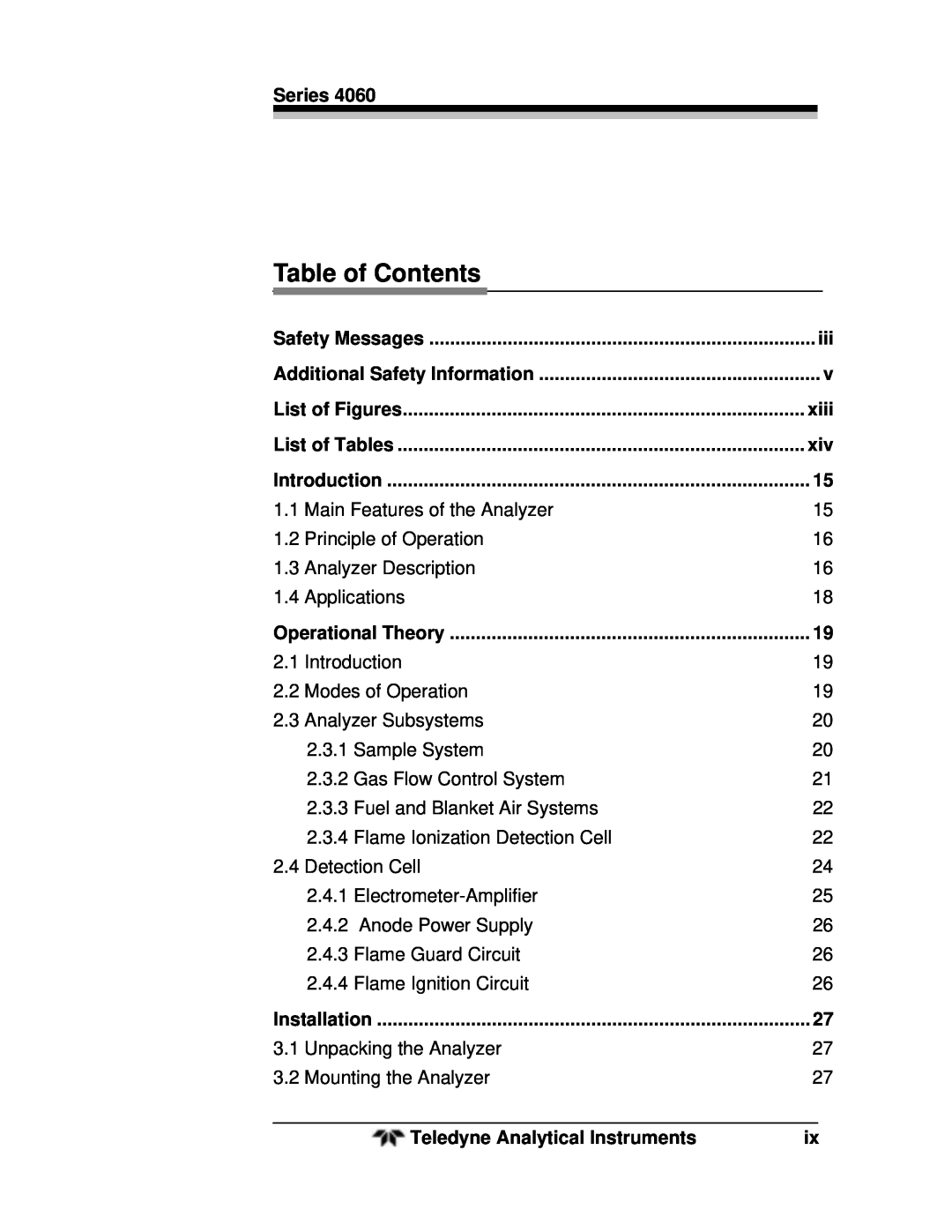 Teledyne 4060 manual Table of Contents 