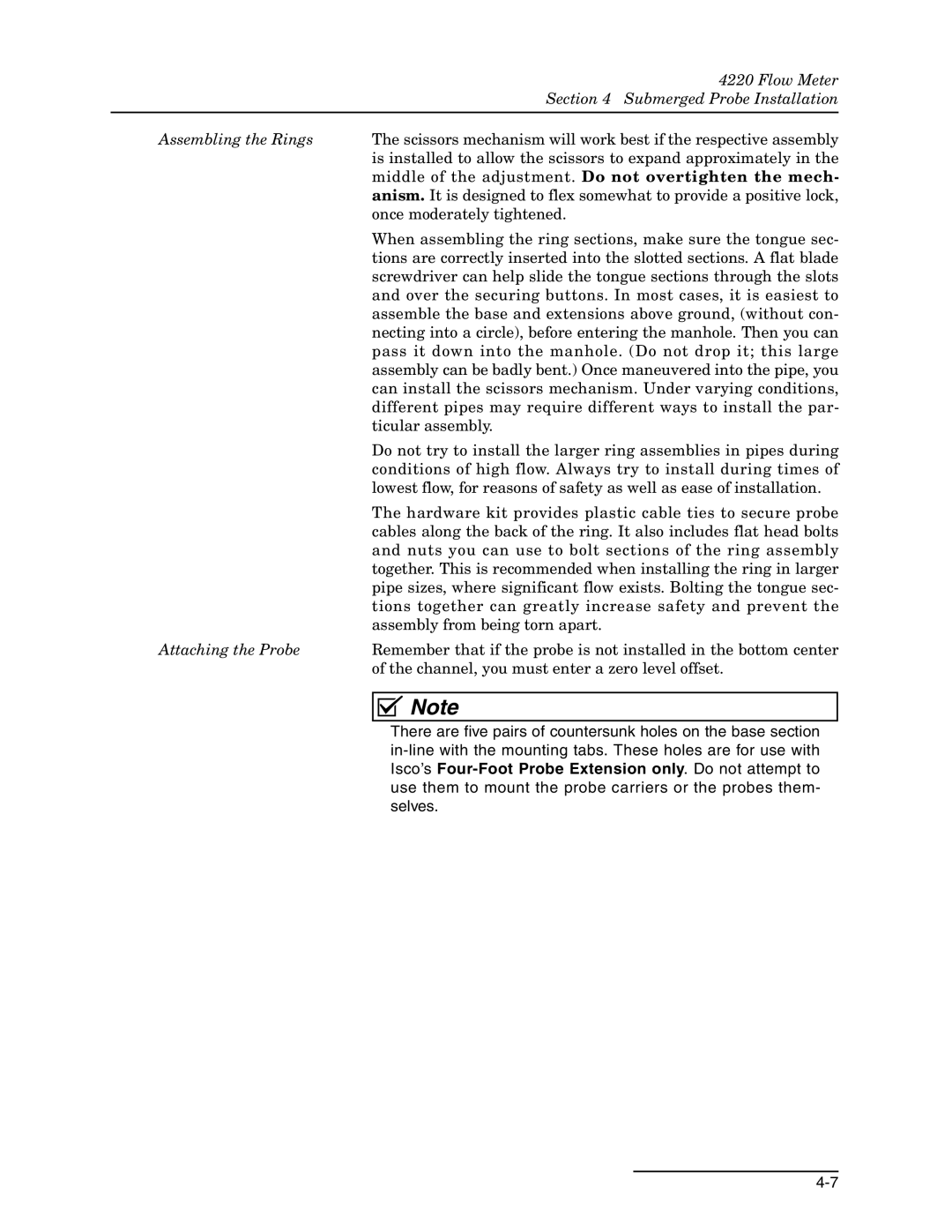 Teledyne 4220 installation and operation guide Isco’s Four-Foot Probe Extension only. Do not attempt to 