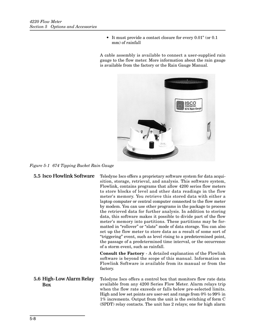 Teledyne 4220 installation and operation guide Isco Flowlink Software High-Low Alarm Relay Box, Tipping Bucket Rain Gauge 