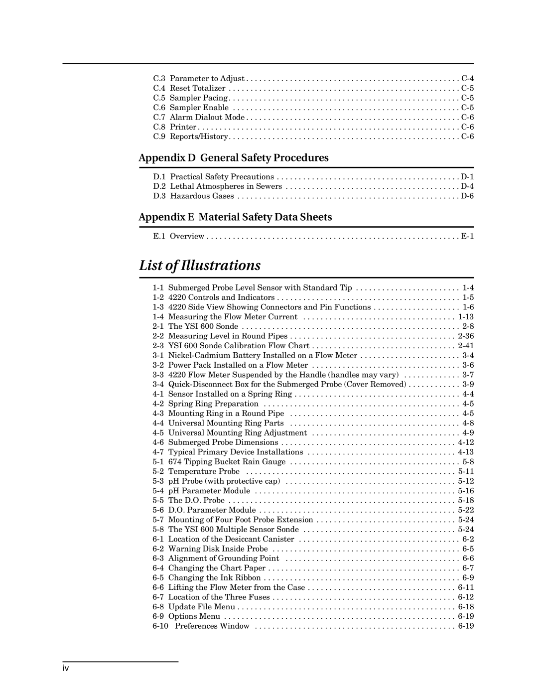 Teledyne 4220 List of Illustrations, Appendix D General Safety Procedures, Appendix E Material Safety Data Sheets 