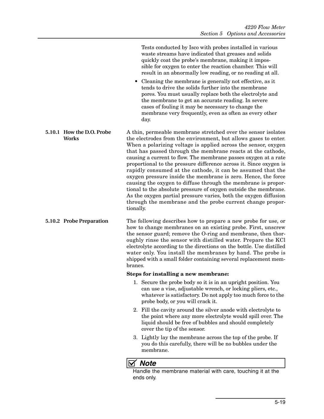 Teledyne 4220 installation and operation guide Works, Probe Preparation, Steps for installing a new membrane 