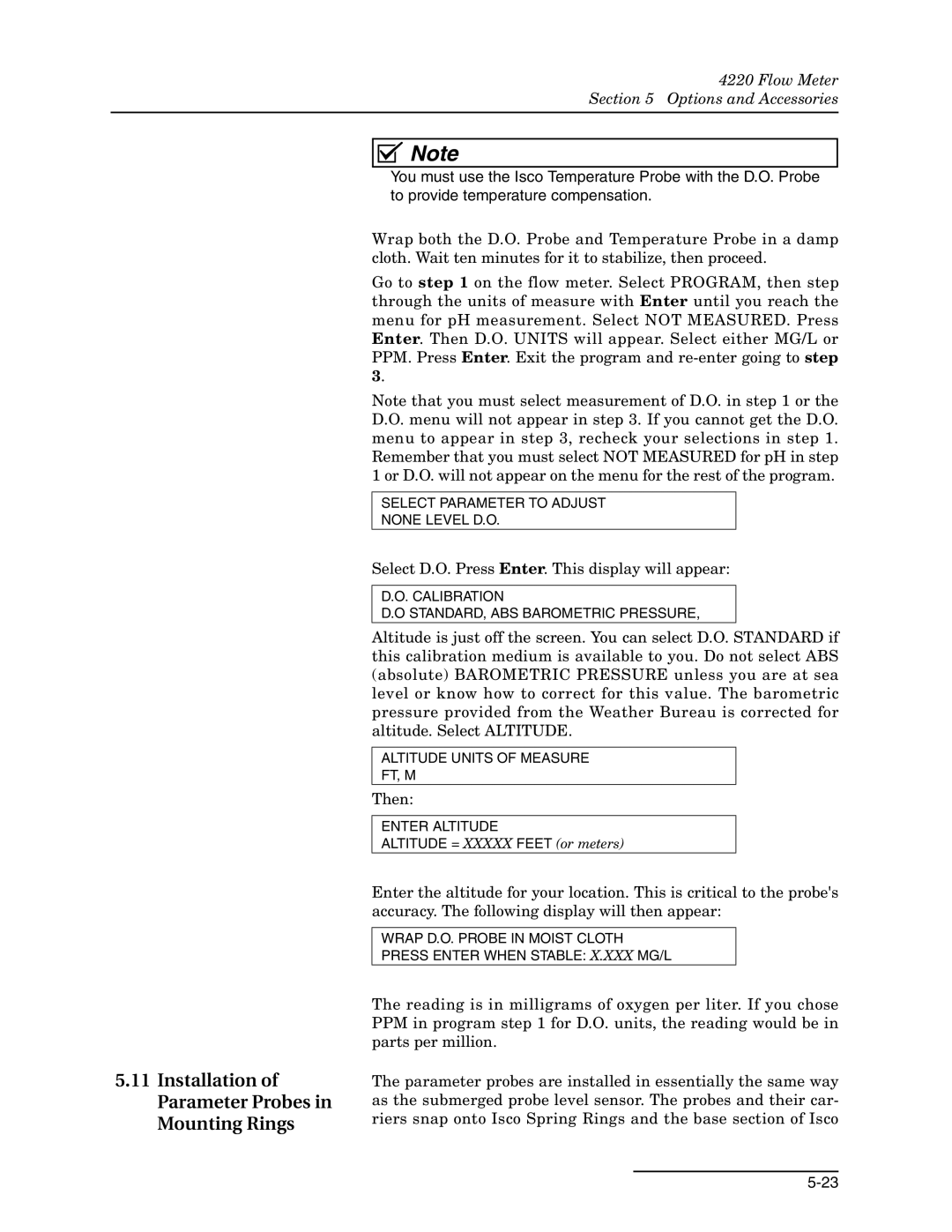 Teledyne 4220 installation and operation guide Installation of Parameter Probes in Mounting Rings 