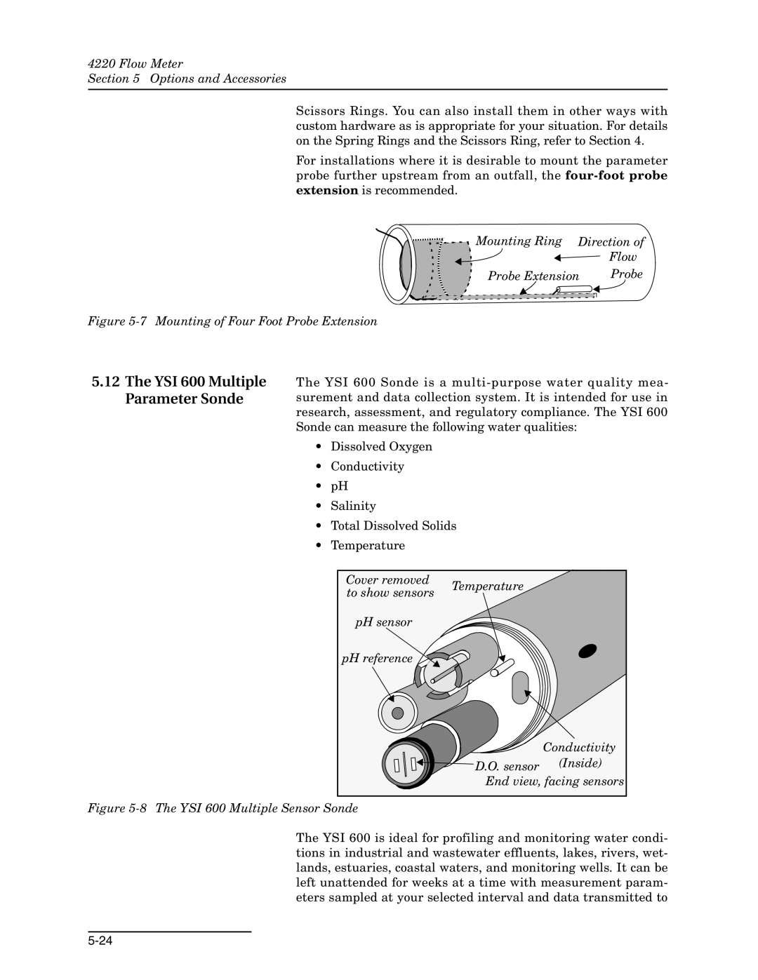 Teledyne 4220 installation and operation guide YSI 600 Multiple Parameter Sonde, Mounting of Four Foot Probe Extension 