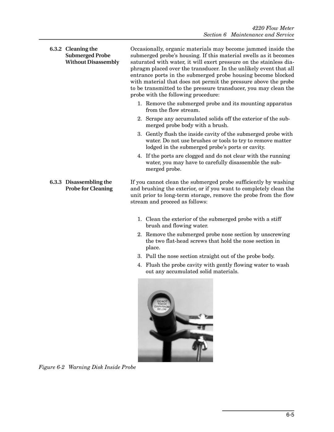 Teledyne 4220 installation and operation guide Disassembling, Probe for Cleaning 