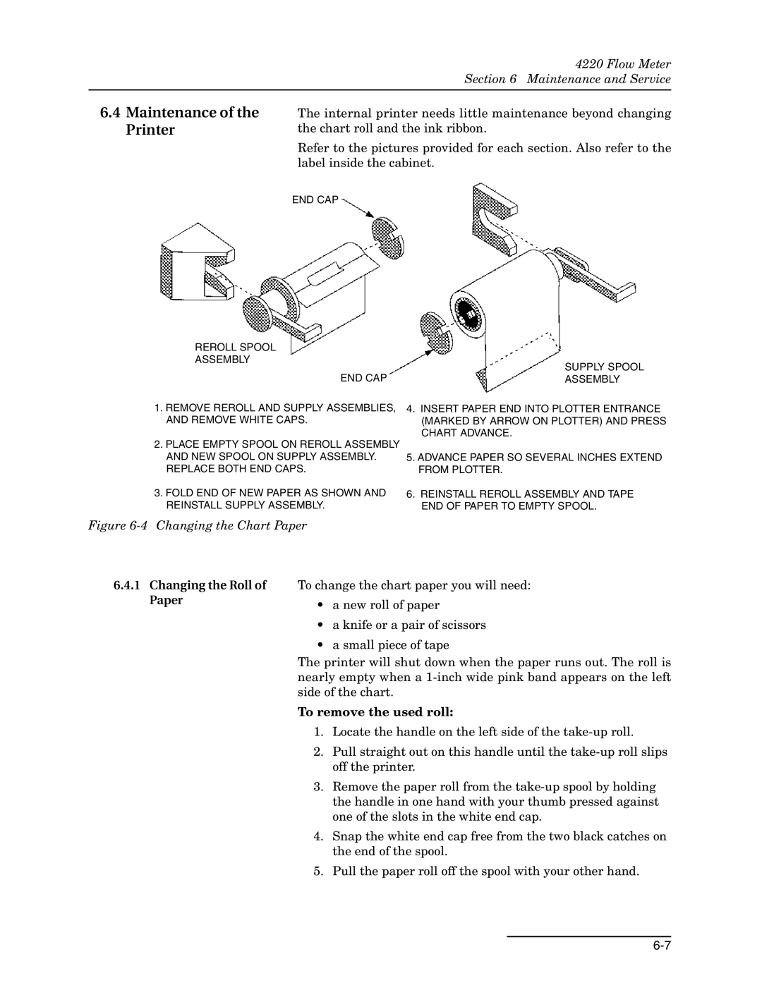 Teledyne 4220 Maintenance of the Printer, Changing the Roll of Paper, To remove the used roll 