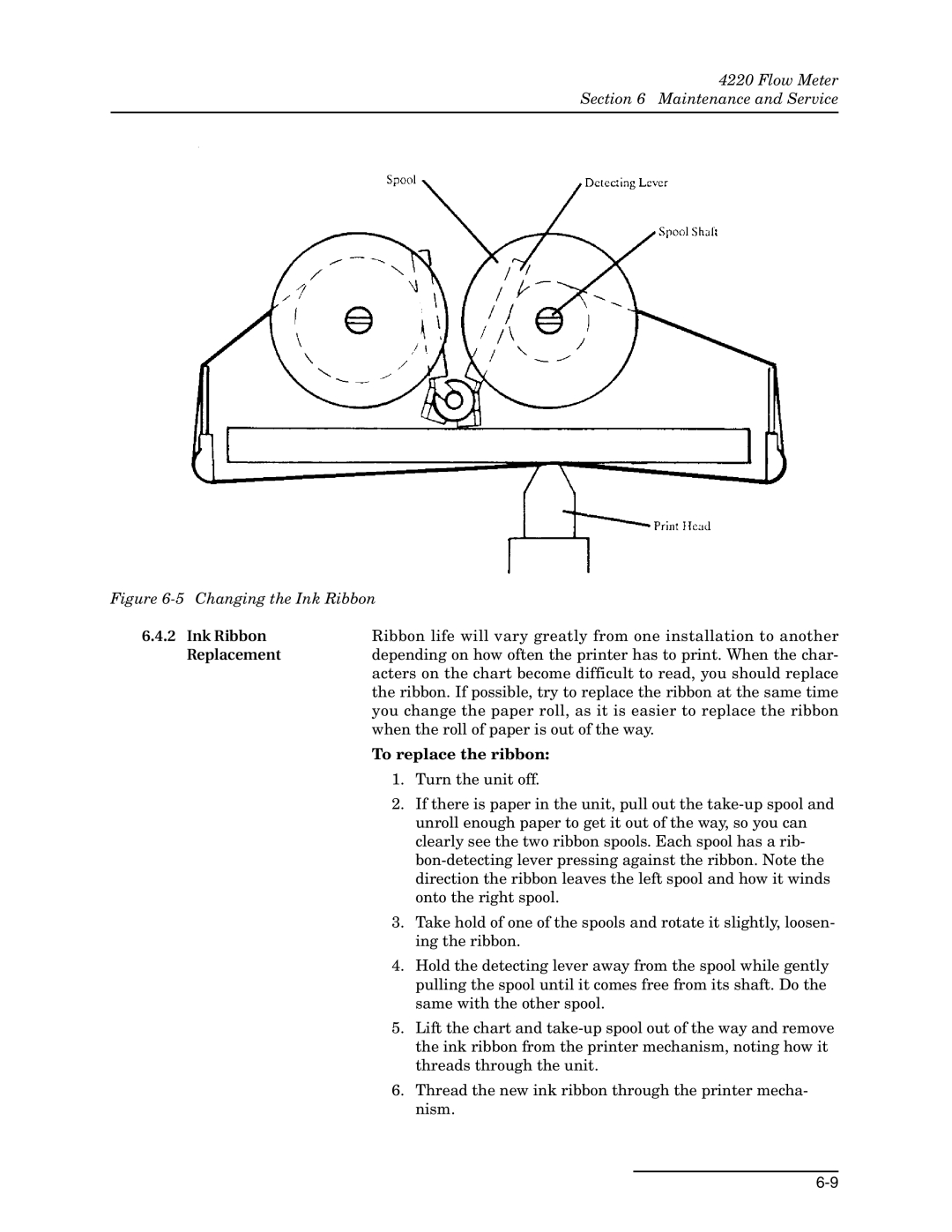 Teledyne 4220 installation and operation guide Ink Ribbon, Replacement, To replace the ribbon 