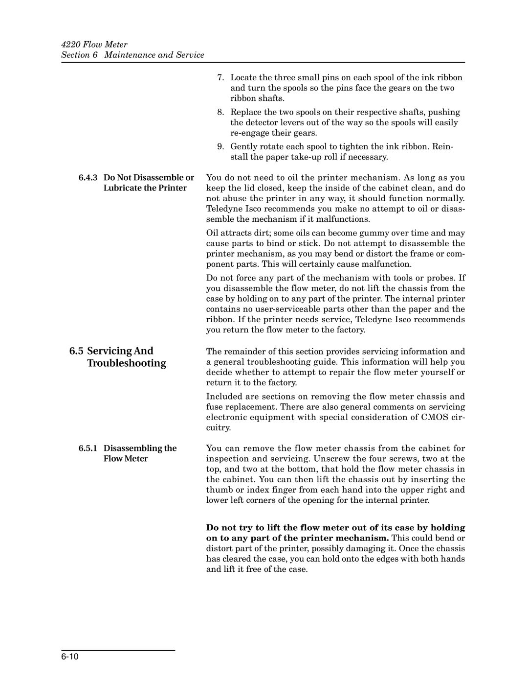 Teledyne 4220 Servicing And Troubleshooting, Do Not Disassemble or Lubricate the Printer, Disassembling the Flow Meter 