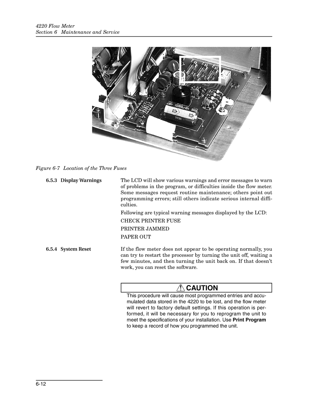 Teledyne 4220 installation and operation guide Display Warnings, System Reset 