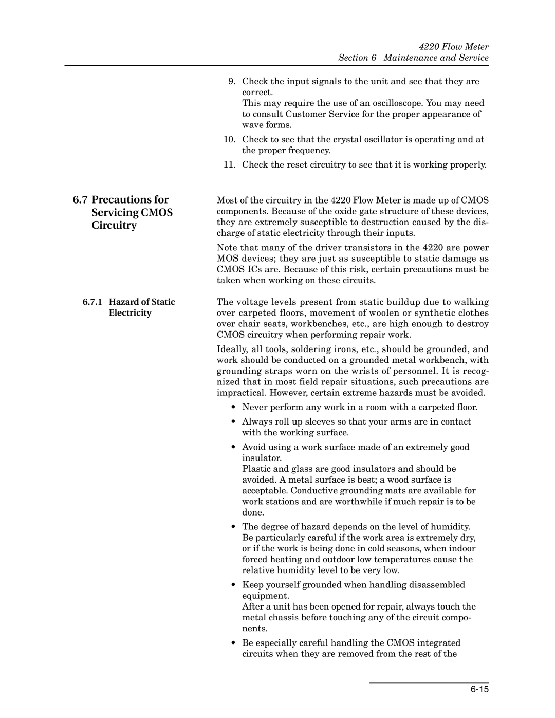 Teledyne 4220 installation and operation guide Precautions for Servicing Cmos Circuitry, Hazard of Static Electricity 