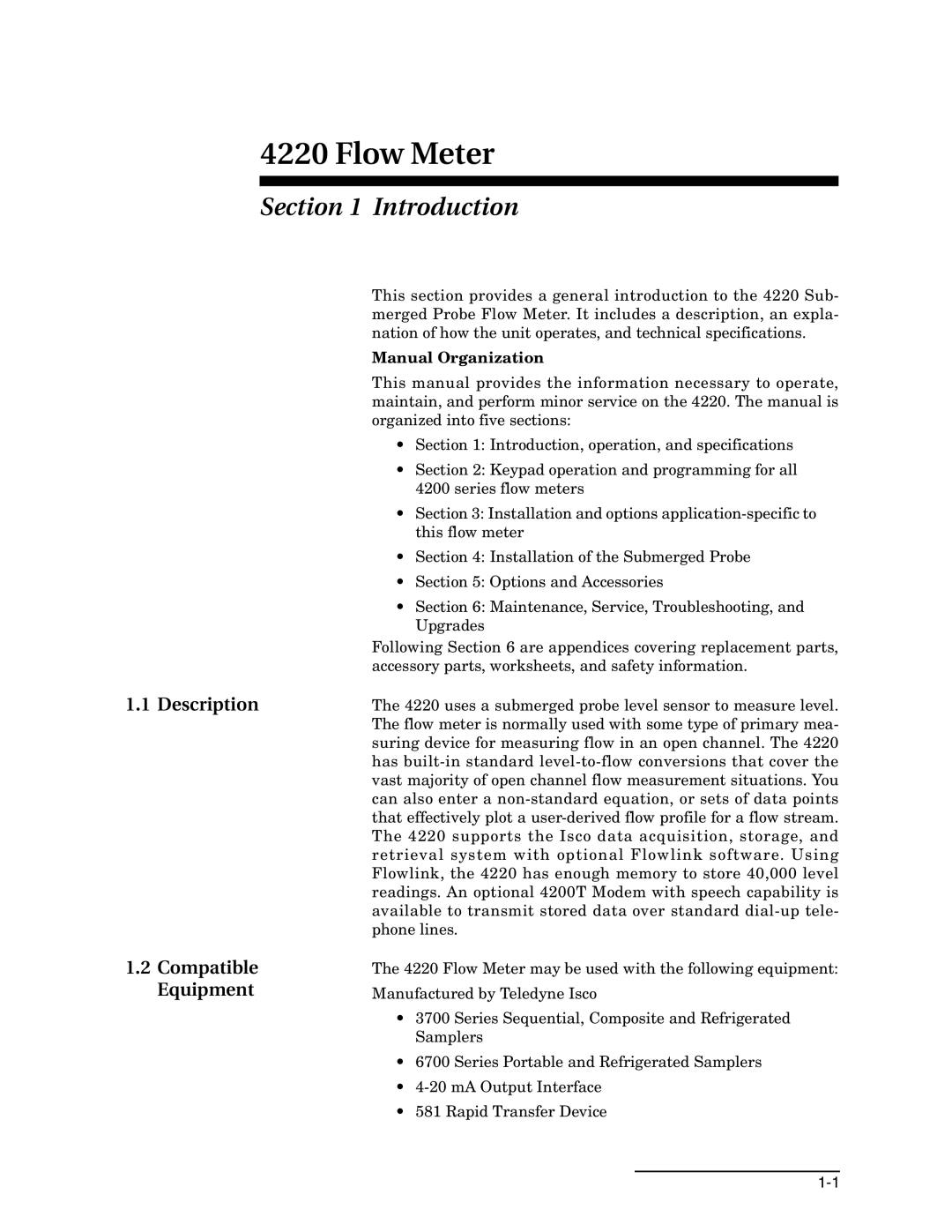 Teledyne 4220 installation and operation guide Introduction, Description Compatible Equipment, Manual Organization 