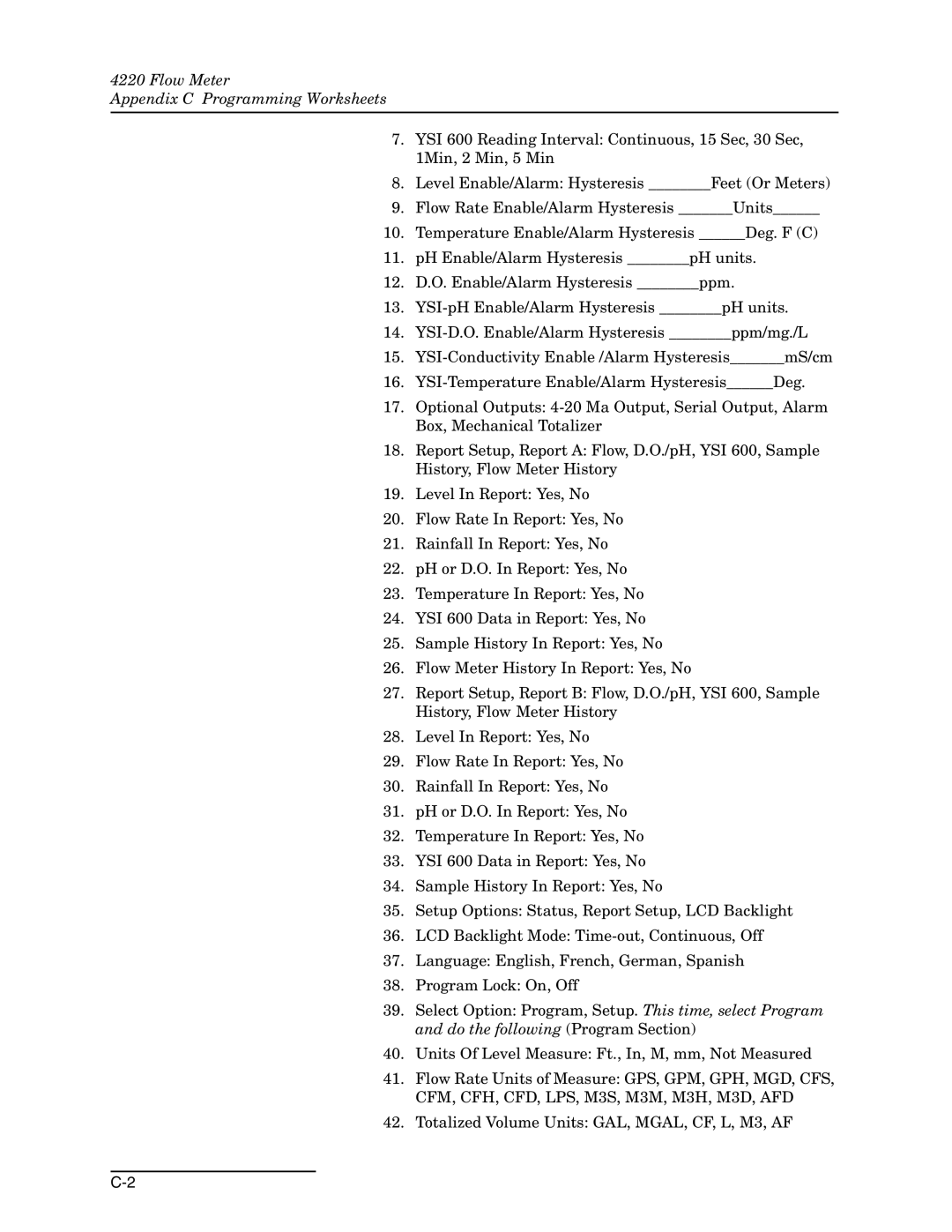 Teledyne 4220 installation and operation guide Flow Meter Appendix C Programming Worksheets 