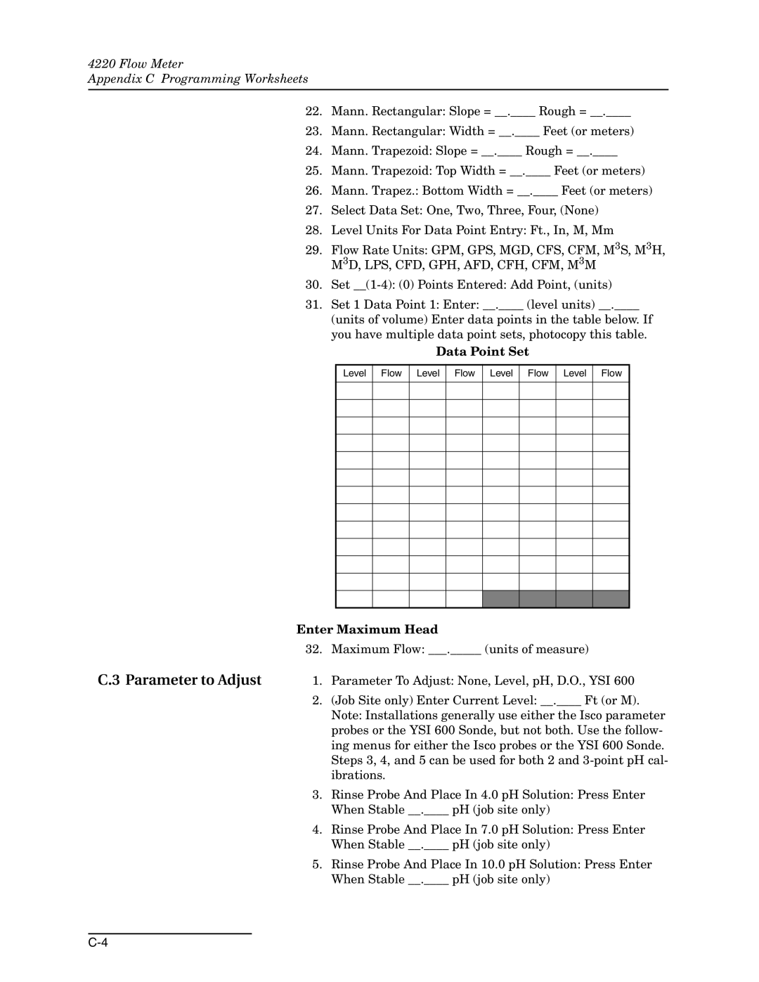 Teledyne 4220 installation and operation guide Parameter to Adjust, Data Point Set, Enter Maximum Head 