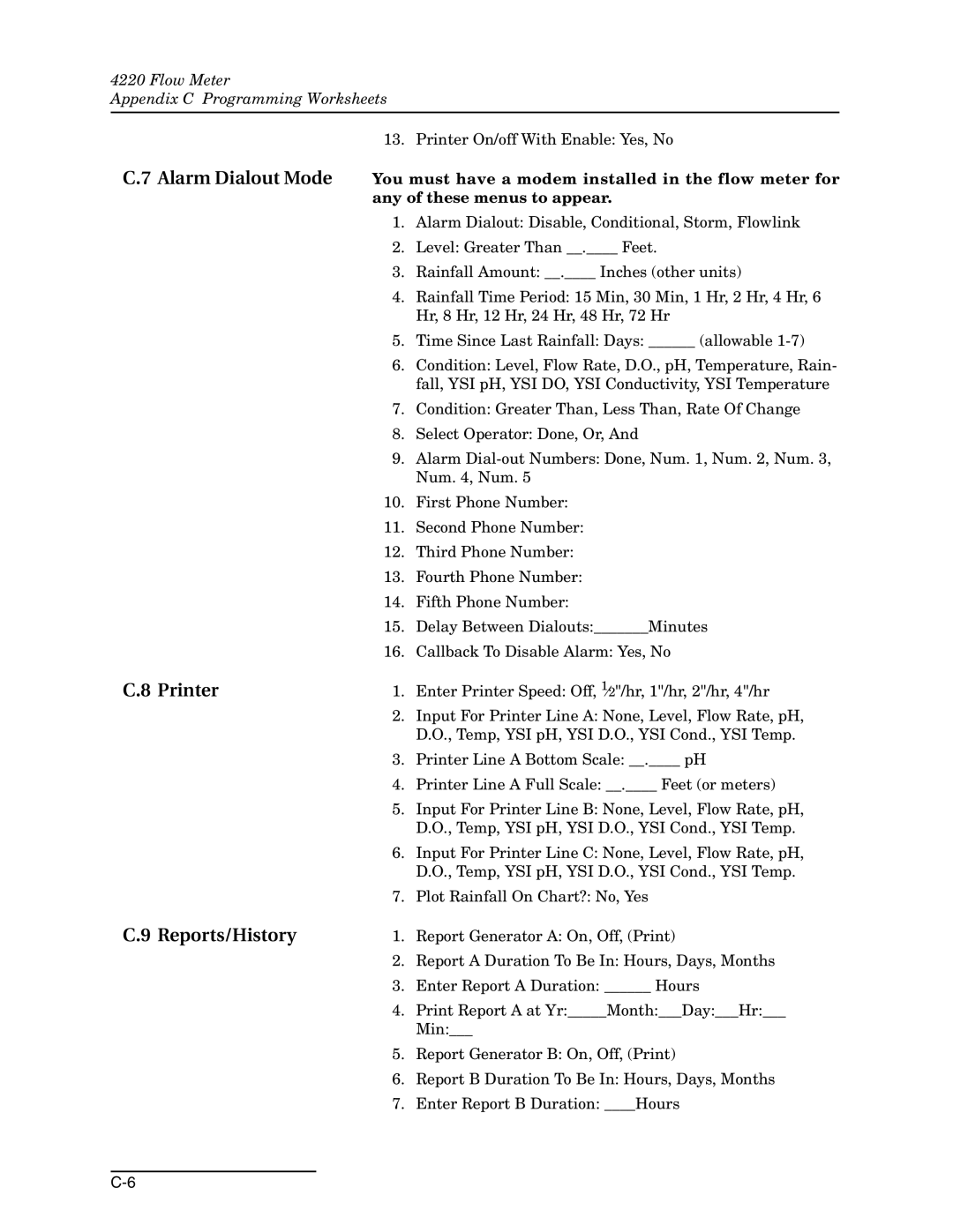 Teledyne 4220 installation and operation guide Alarm Dialout Mode Printer Reports/History 