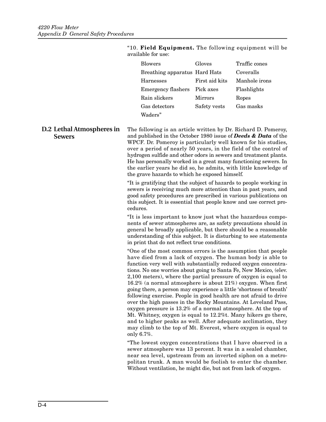 Teledyne 4220 installation and operation guide Lethal Atmospheres in Sewers 