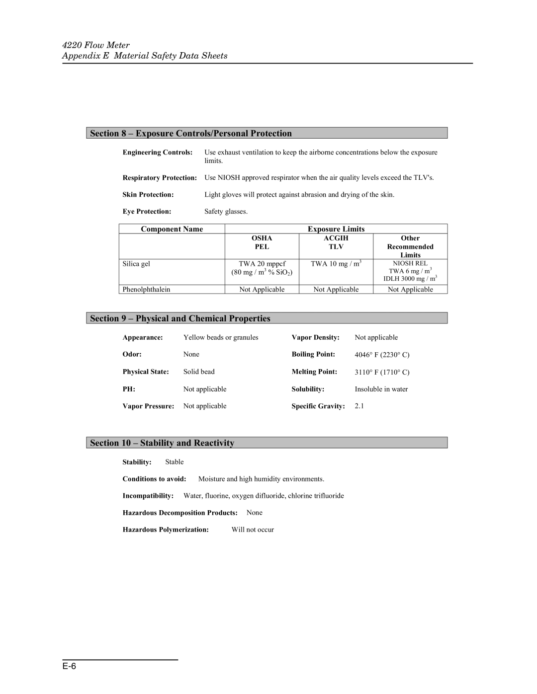 Teledyne 4220 installation and operation guide Exposure Controls/Personal Protection 