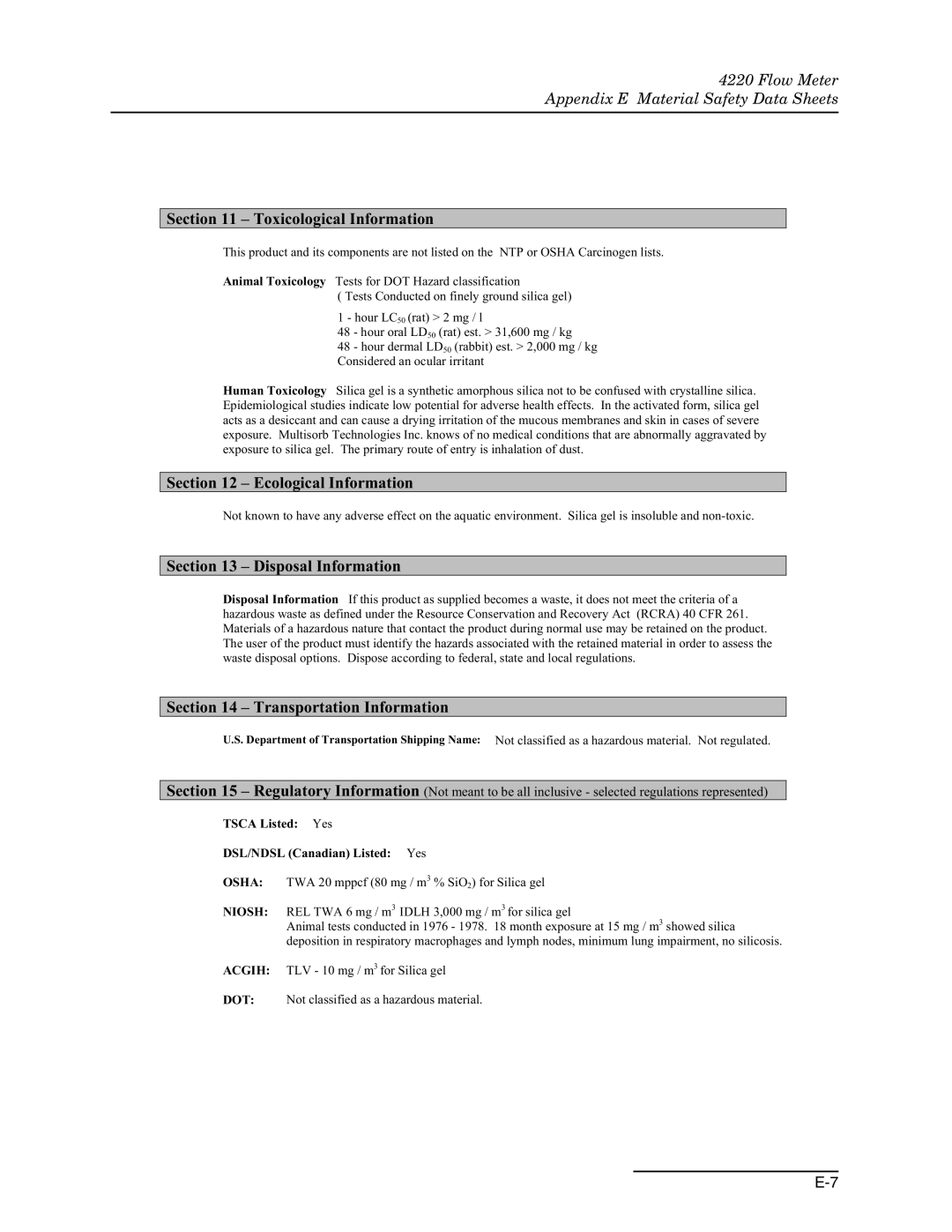 Teledyne 4220 installation and operation guide Toxicological Information 