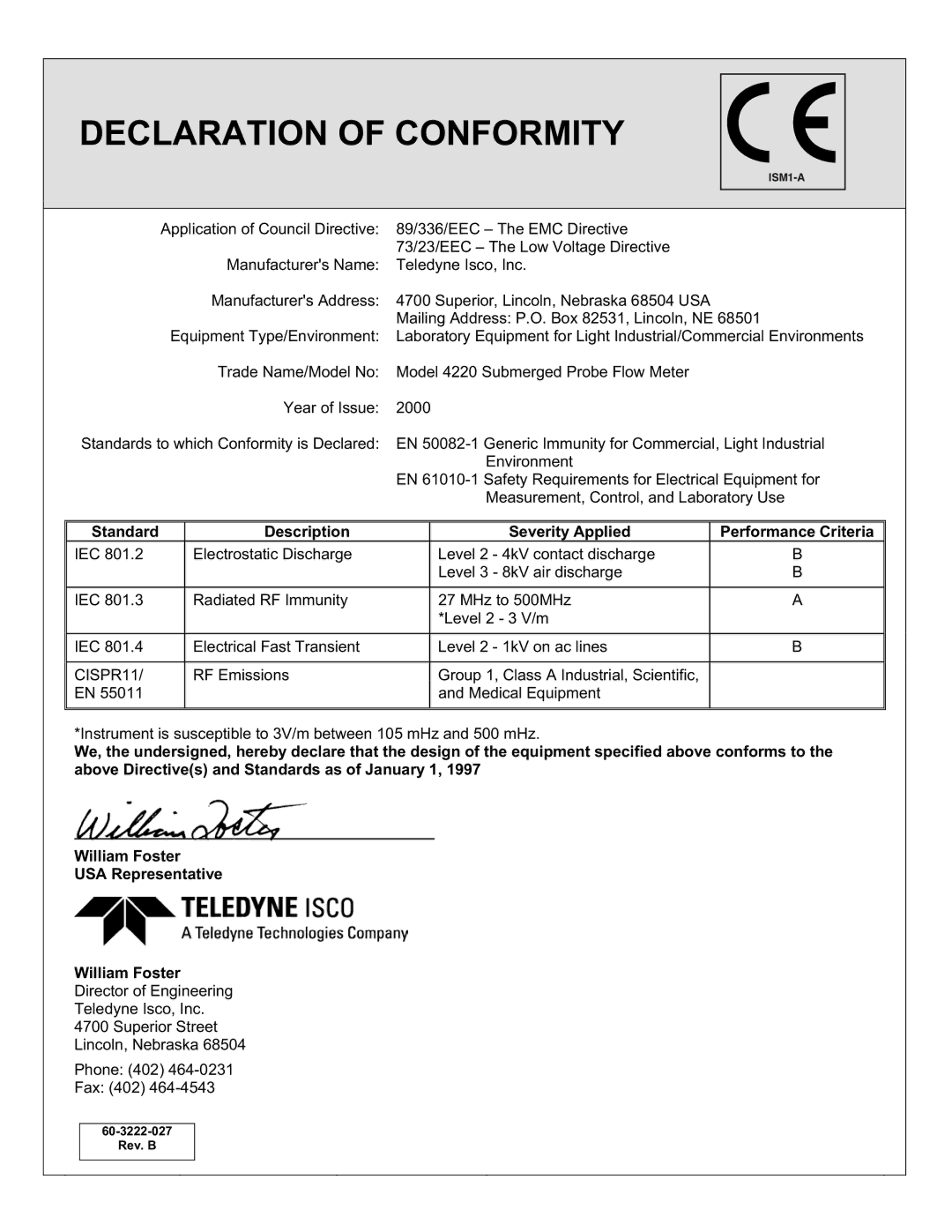 Teledyne 4220 installation and operation guide Declaration of Conformity 