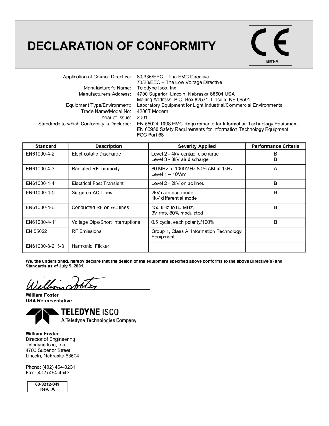 Teledyne 4220 installation and operation guide Standard Description Severity Applied Performance Criteria 