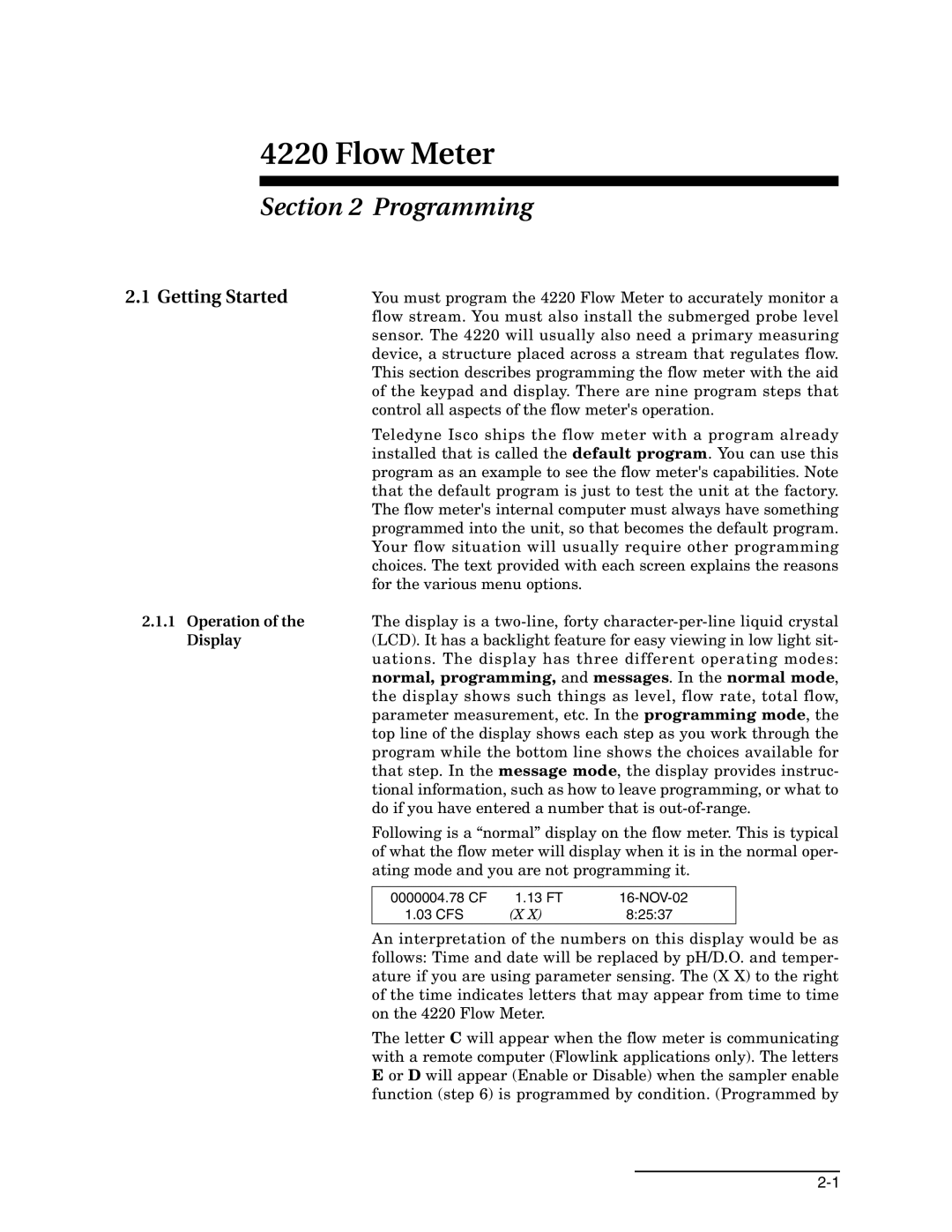 Teledyne 4220 Programming, Getting Started, Operation, Display, Normal, programming, and messages. In the normal mode 