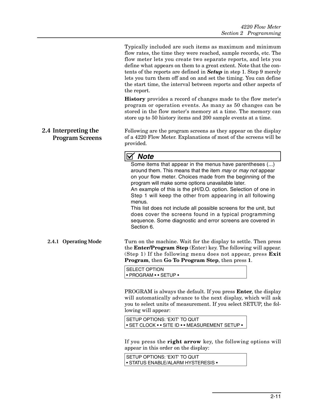 Teledyne 4220 installation and operation guide Interpreting the Program Screens, Operating Mode 