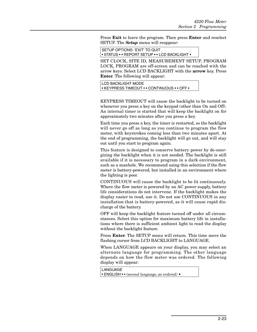 Teledyne 4220 installation and operation guide Setup Options Exit to Quit Status Report Setup LCD Backlight 