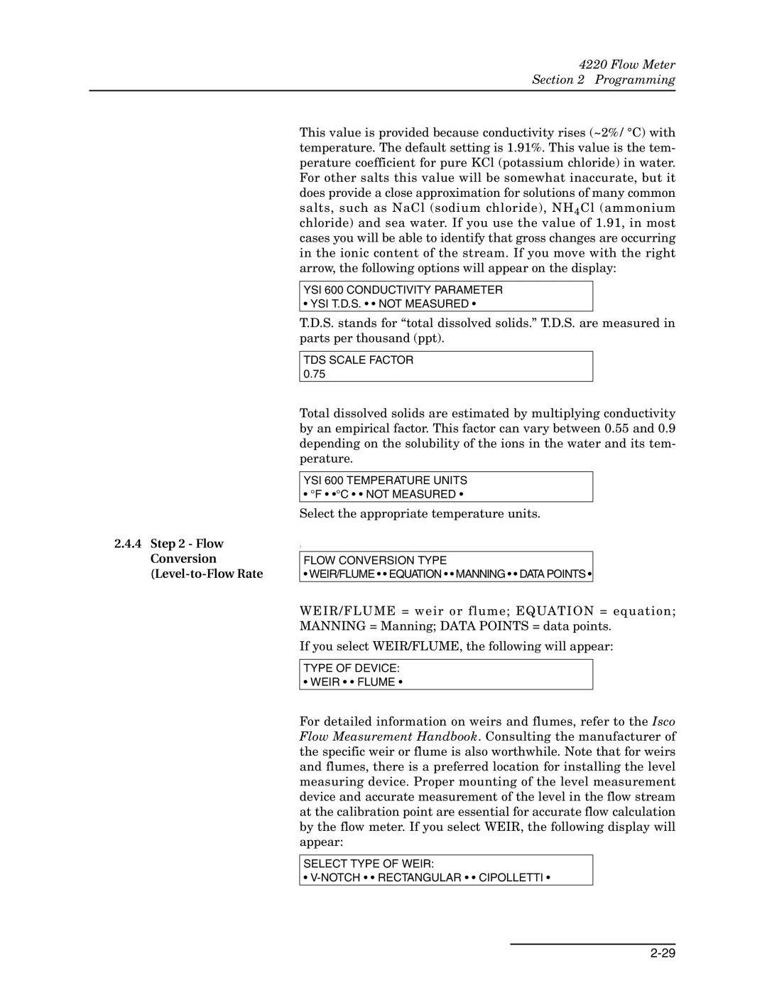 Teledyne 4220 installation and operation guide Flow Conversion Level-to-Flow Rate 