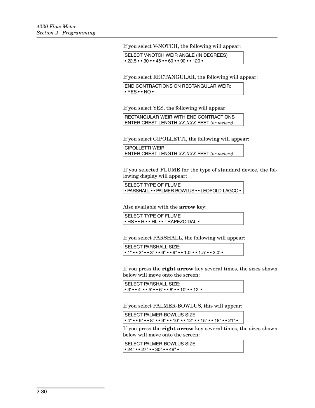 Teledyne 4220 installation and operation guide If you select V-NOTCH, the following will appear 