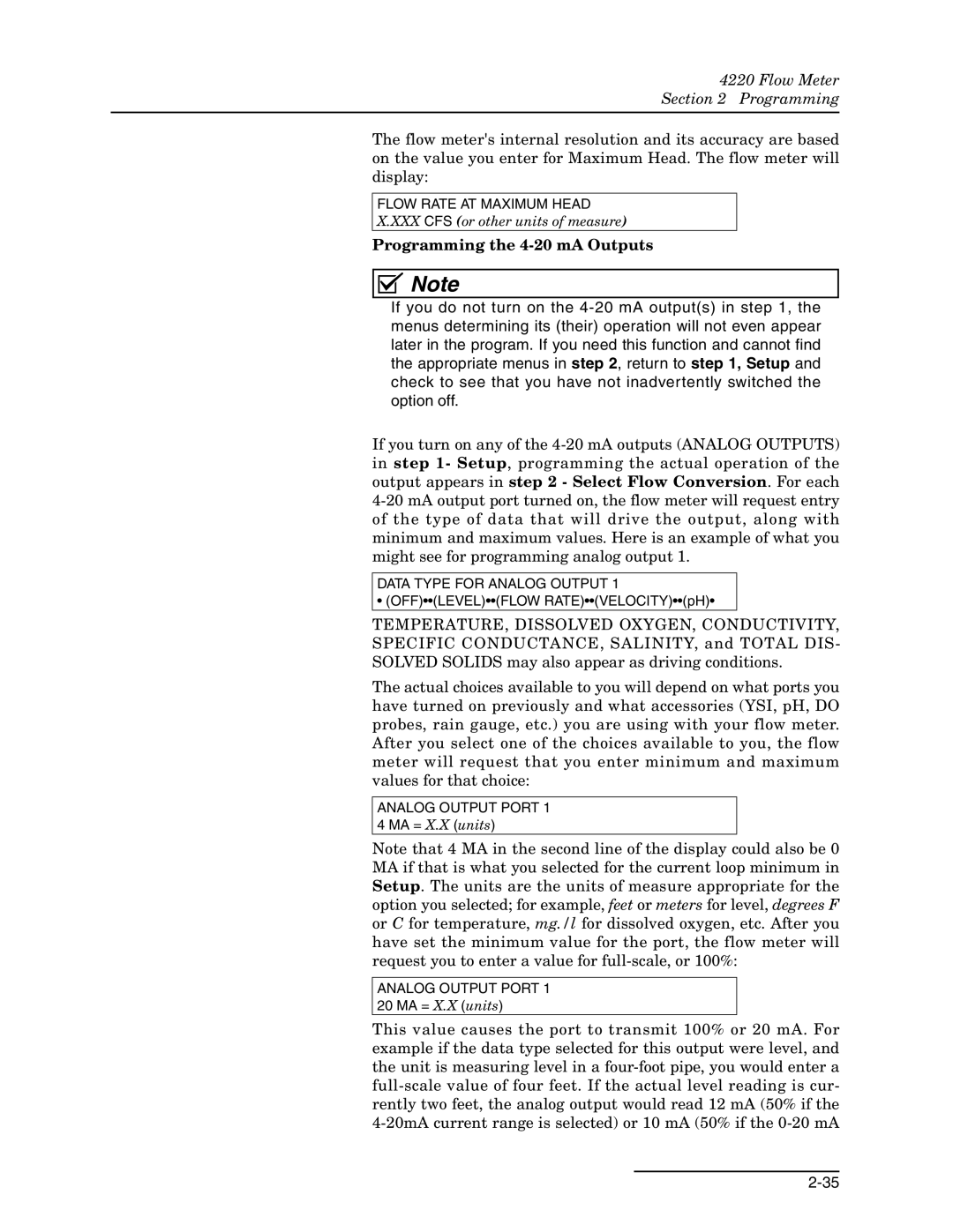 Teledyne 4220 installation and operation guide Programming the 4-20 mA Outputs 