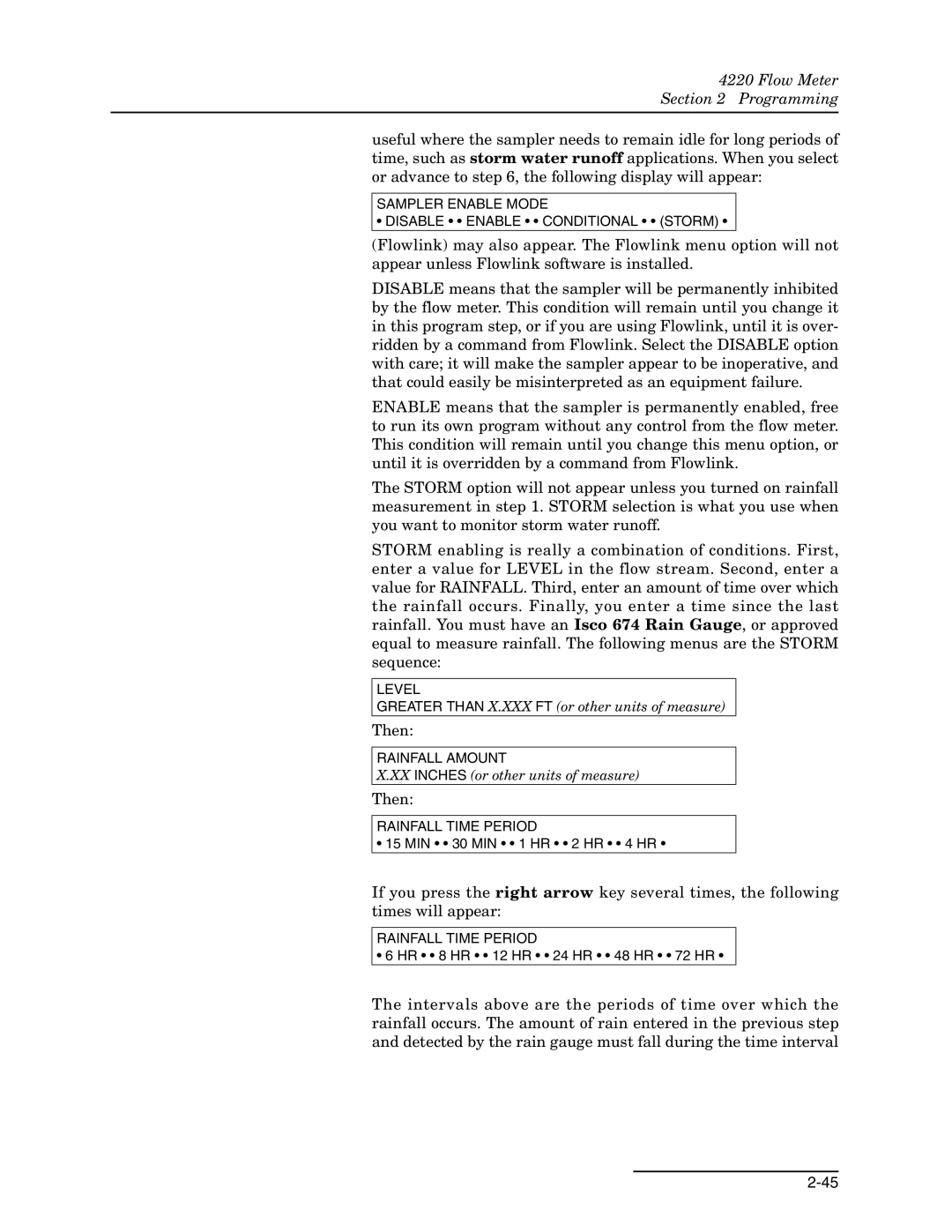 Teledyne 4220 installation and operation guide Sampler Enable Mode Disable Enable Conditional Storm 