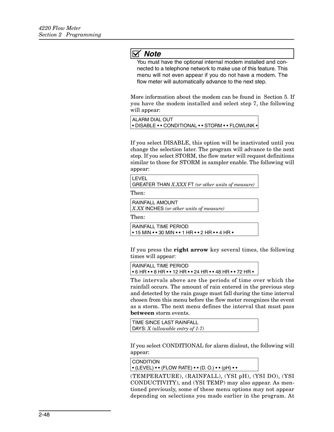 Teledyne 4220 installation and operation guide Alarm Dial OUT Disable Conditional Storm Flowlink 