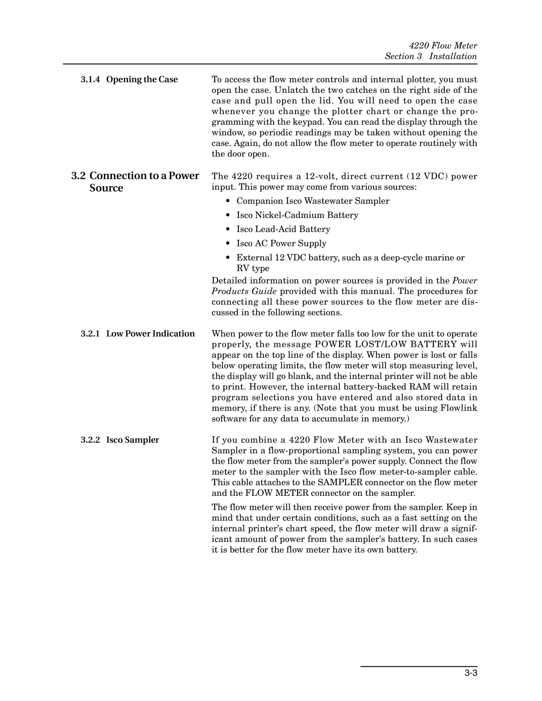 Teledyne 4220 installation and operation guide Connection to a Power Source, Low Power Indication, Isco Sampler 