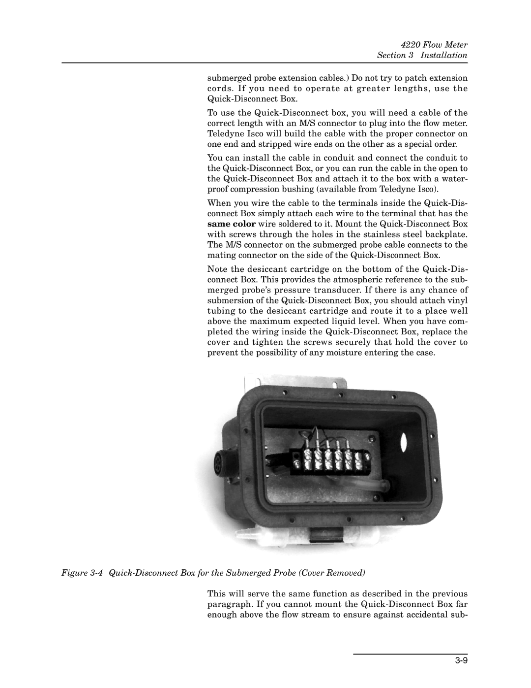 Teledyne 4220 installation and operation guide Quick-Disconnect Box for the Submerged Probe Cover Removed 