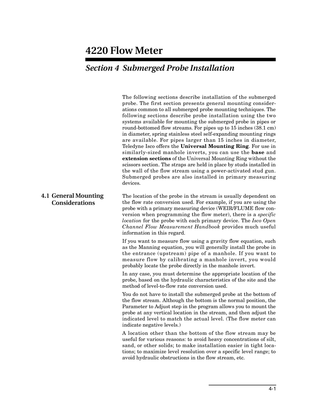 Teledyne 4220 installation and operation guide Submerged Probe Installation, General Mounting Considerations 