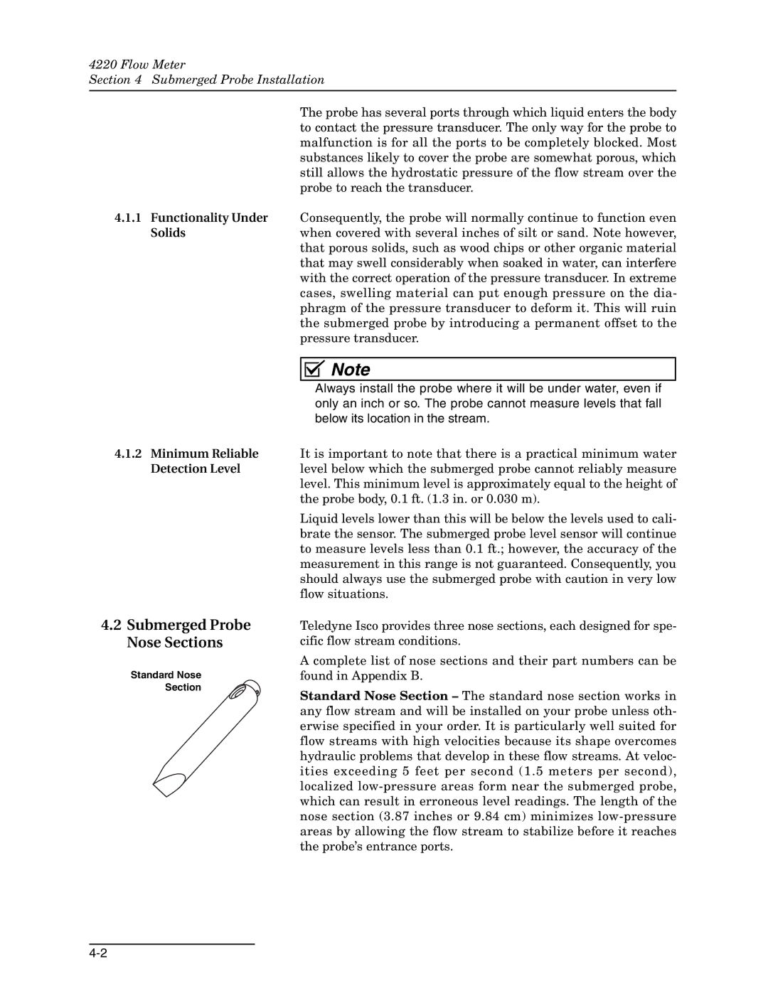 Teledyne 4220 installation and operation guide Submerged Probe Nose Sections, Solids, Minimum Reliable Detection Level 