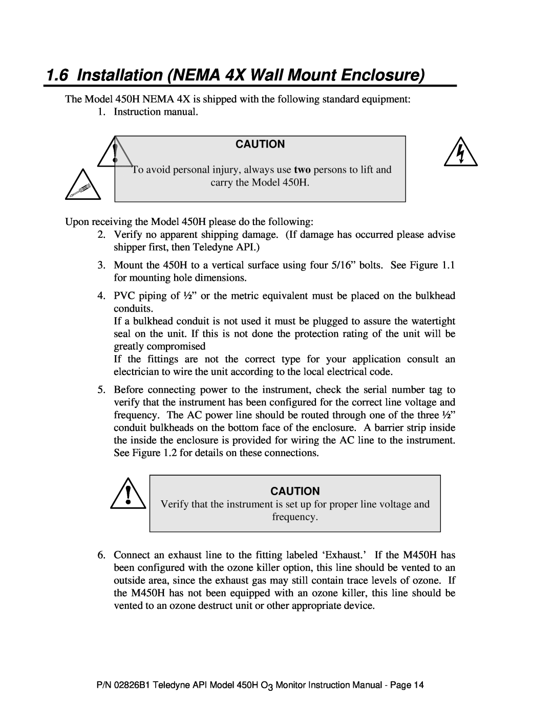 Teledyne 450H instruction manual Installation NEMA 4X Wall Mount Enclosure 