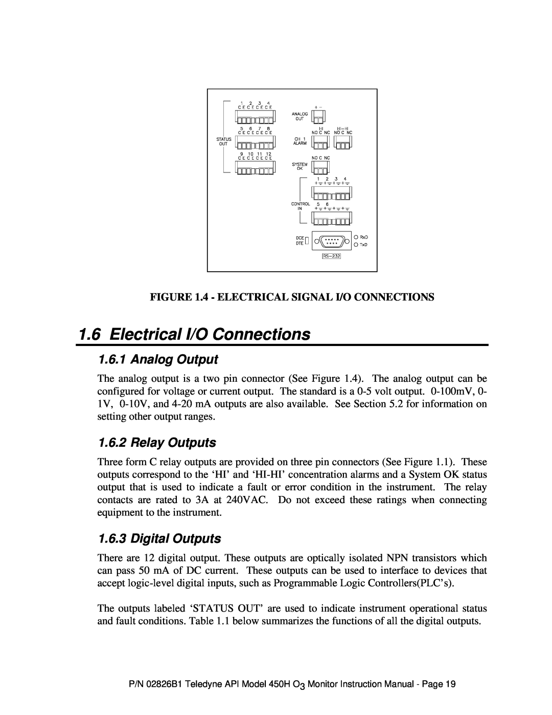 Teledyne 450H instruction manual 1.6Electrical I/O Connections, 1.6.1Analog Output, Relay Outputs, Digital Outputs 