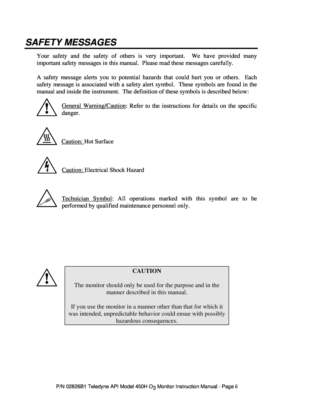 Teledyne 450H instruction manual Safety Messages 