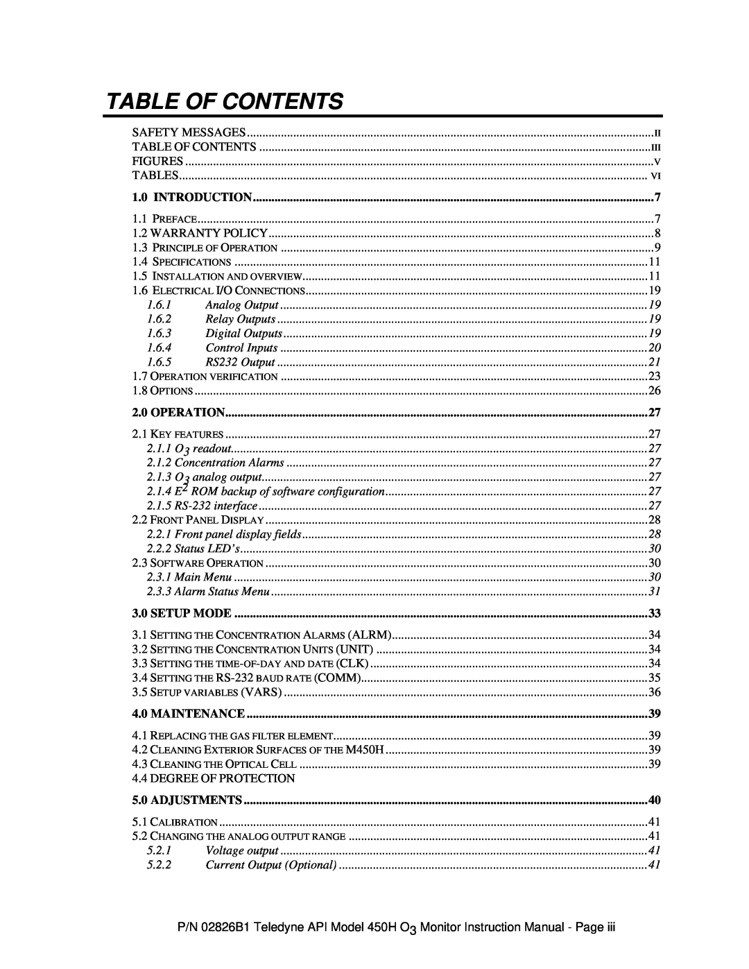Teledyne 450H instruction manual Table Of Contents, Introduction, Operation, Setup Mode, Maintenance, Adjustments 