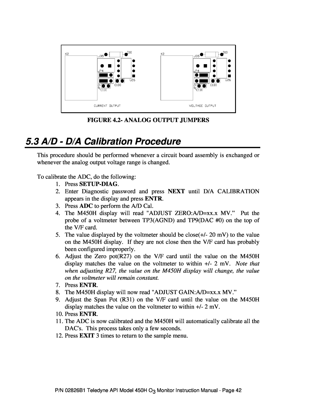 Teledyne 450H instruction manual 5.3 A/D - D/A Calibration Procedure, 2- ANALOG OUTPUT JUMPERS, Press SETUP-DIAG 