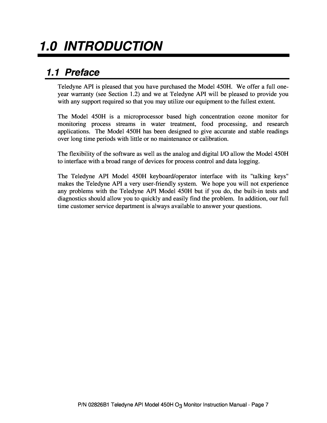 Teledyne 450H instruction manual 1.0INTRODUCTION, 1.1Preface 