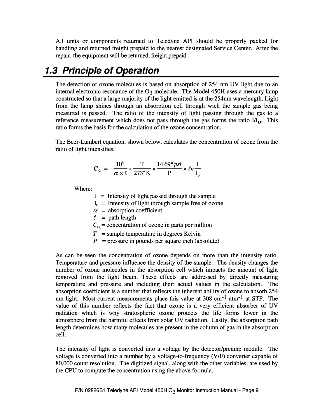Teledyne 450H instruction manual Principle of Operation 