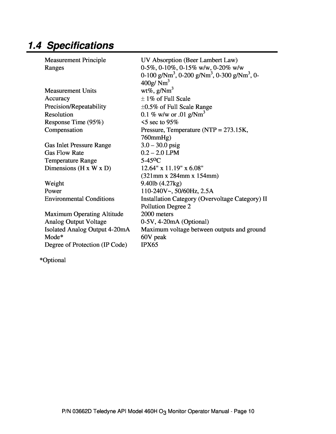 Teledyne 460H instruction manual Specifications 