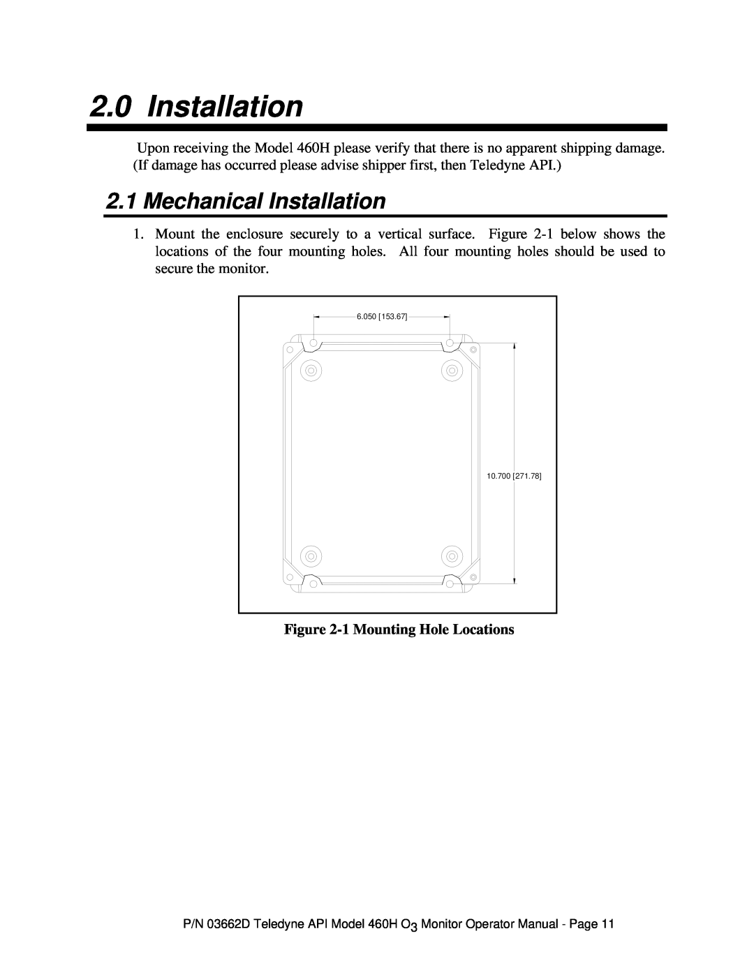 Teledyne 460H instruction manual Mechanical Installation, 1 Mounting Hole Locations 