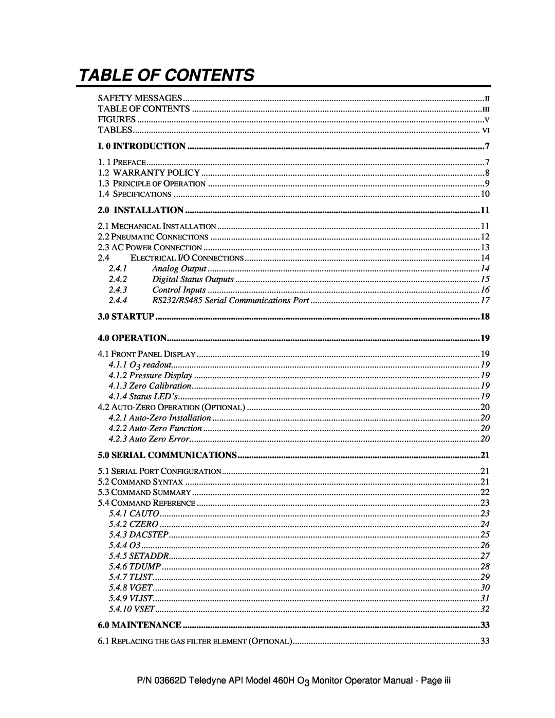 Teledyne 460H Table Of Contents, I. 0 INTRODUCTION, Installation, Startup, Operation, Serial Communications, Maintenance 